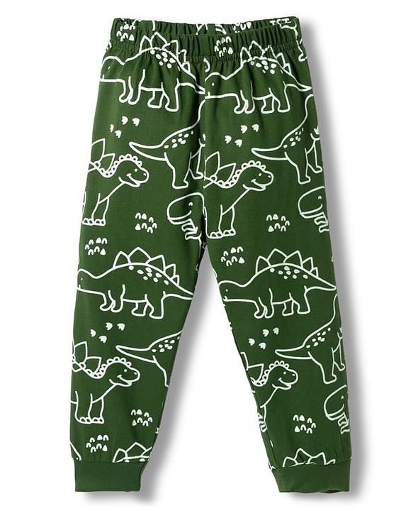 Babyhug Cotton Knit Full Sleeves T-Shirt & Pyjama Co-ord Glow in Dark Night Suit With Dino Print - Green