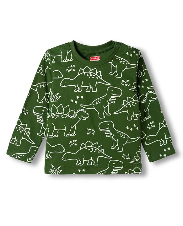 Babyhug Cotton Knit Full Sleeves T-Shirt & Pyjama Co-ord Glow in Dark Night Suit With Dino Print - Green
