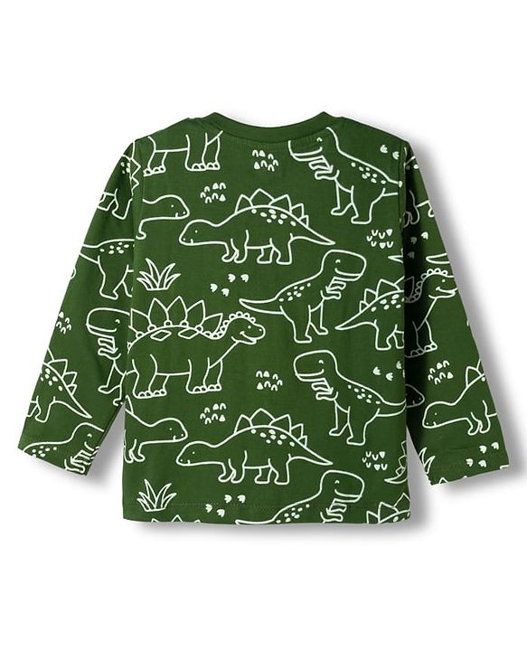 Babyhug Cotton Knit Full Sleeves T-Shirt & Pyjama Co-ord Glow in Dark Night Suit With Dino Print - Green