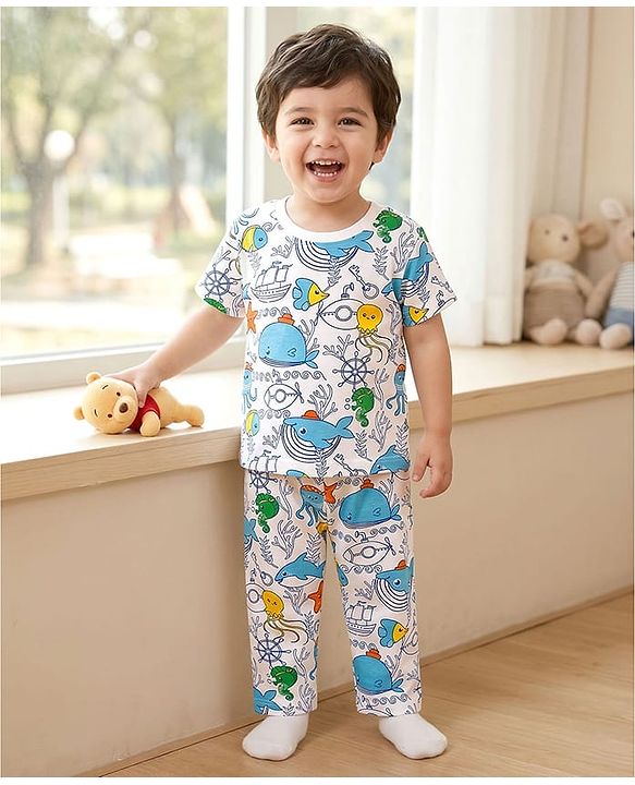 Babyhug Cotton Knit Half Sleeves T-Shirt & Pyjama Co-ord Night Suit With Sea Animals Print - White