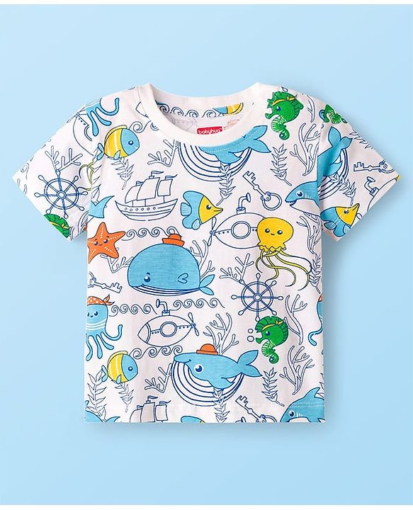 Babyhug Cotton Knit Half Sleeves T-Shirt & Pyjama Co-ord Night Suit With Sea Animals Print - White
