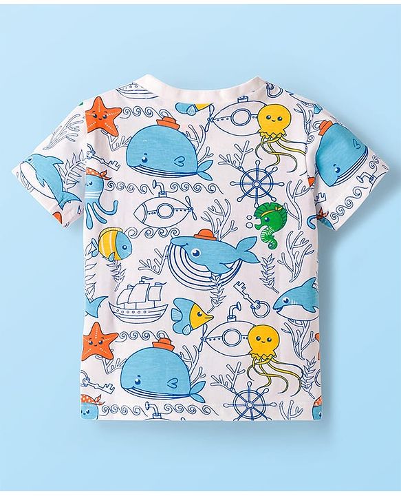 Babyhug Cotton Knit Half Sleeves T-Shirt & Pyjama Co-ord Night Suit With Sea Animals Print - White