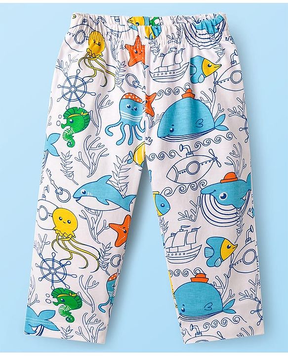 Babyhug Cotton Knit Half Sleeves T-Shirt & Pyjama Co-ord Night Suit With Sea Animals Print - White