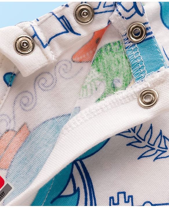 Babyhug Cotton Knit Half Sleeves T-Shirt & Pyjama Co-ord Night Suit With Sea Animals Print - White