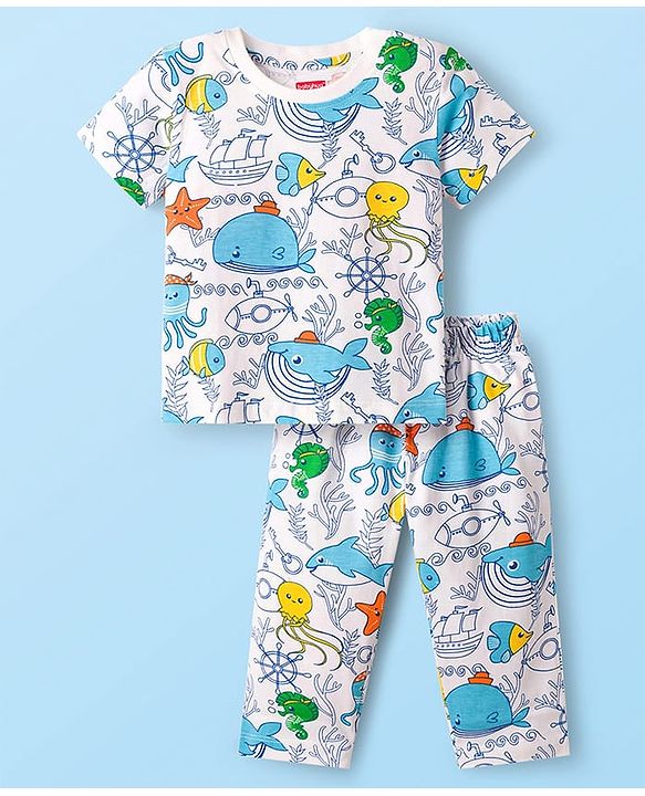 Babyhug Cotton Knit Half Sleeves T-Shirt & Pyjama Co-ord Night Suit With Sea Animals Print - White