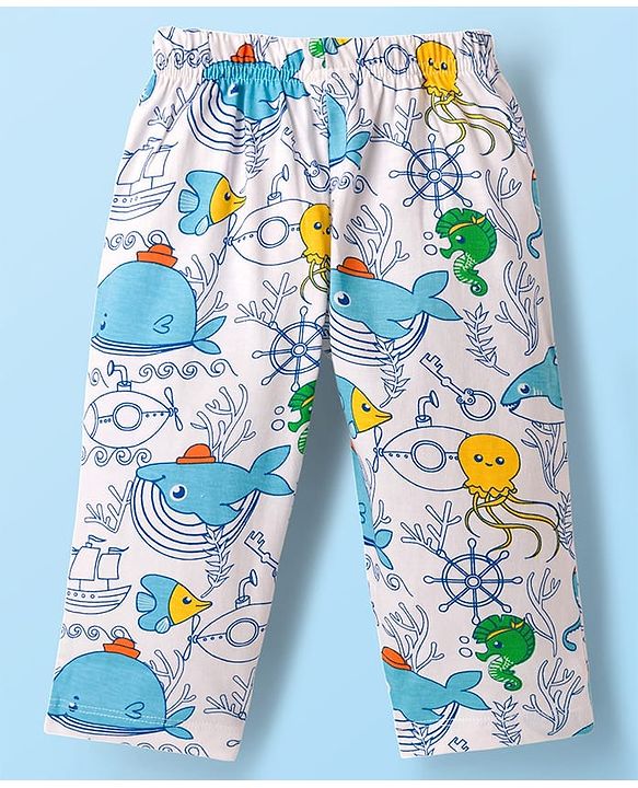Babyhug Cotton Knit Half Sleeves T-Shirt & Pyjama Co-ord Night Suit With Sea Animals Print - White