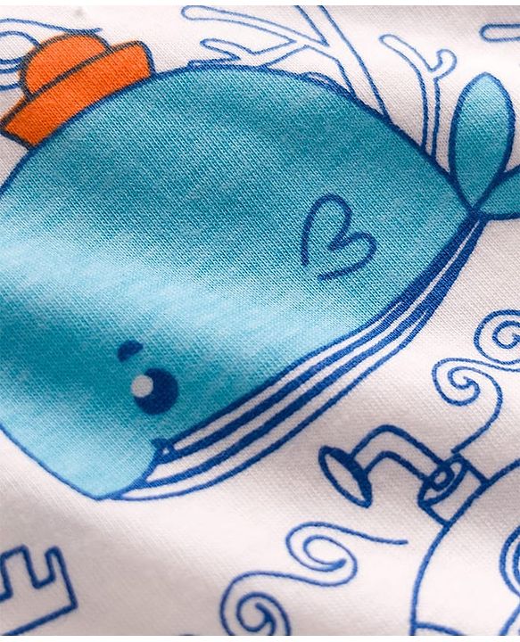 Babyhug Cotton Knit Half Sleeves T-Shirt & Pyjama Co-ord Night Suit With Sea Animals Print - White