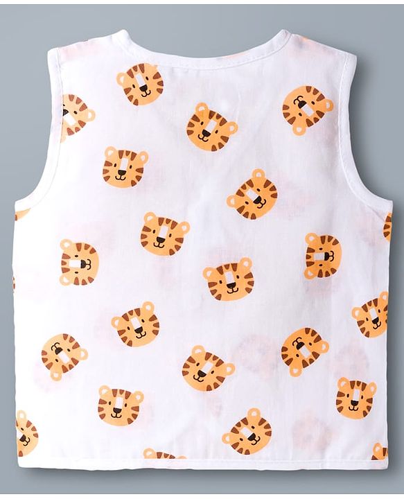 Babyhug 100% Cotton Knit Sleeveless Front Open Jhablas with Striped & Tiger Print Pack of 3 - Sear Green & White