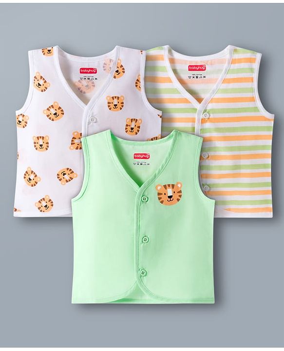 Babyhug 100% Cotton Knit Sleeveless Front Open Jhablas with Striped & Tiger Print Pack of 3 - Sear Green & White