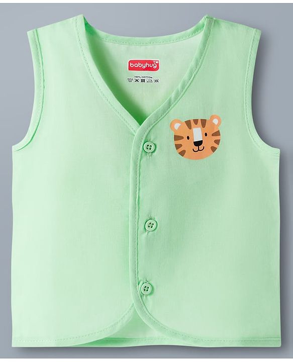 Babyhug 100% Cotton Knit Sleeveless Front Open Jhablas with Striped & Tiger Print Pack of 3 - Sear Green & White