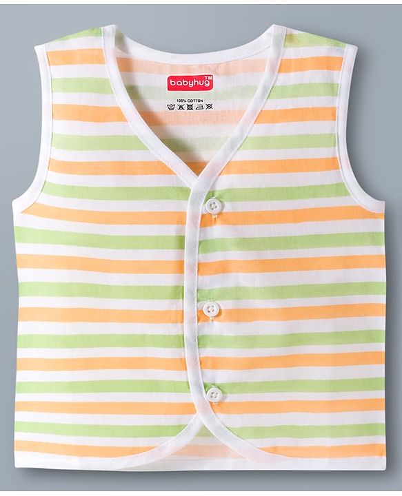 Babyhug 100% Cotton Knit Sleeveless Front Open Jhablas with Striped & Tiger Print Pack of 3 - Sear Green & White