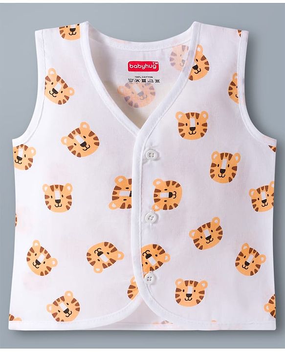 Babyhug 100% Cotton Knit Sleeveless Front Open Jhablas with Striped & Tiger Print Pack of 3 - Sear Green & White