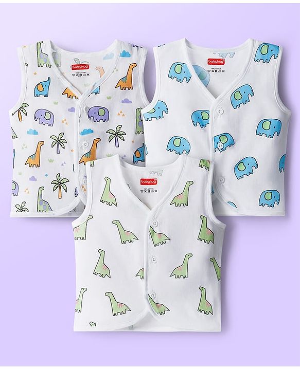 Babyhug 100% Cotton Woven Sleeveless Front Open Jhablas with Animal Print Pack of 3 - Multicolor