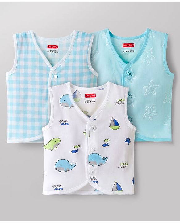 Babyhug 100% Cotton Knit Sleeveless Sea Life Theme Printed Front Open Jhablas Pack of 3 - Blue & White
