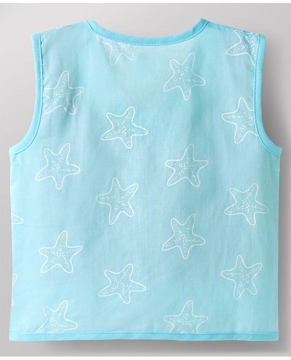 Babyhug 100% Cotton Knit Sleeveless Sea Life Theme Printed Front Open Jhablas Pack of 3 - Blue & White