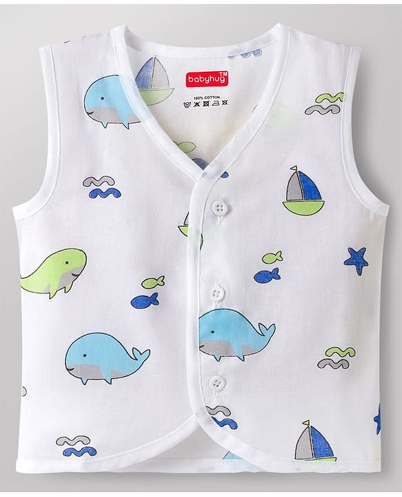 Babyhug 100% Cotton Knit Sleeveless Sea Life Theme Printed Front Open Jhablas Pack of 3 - Blue & White