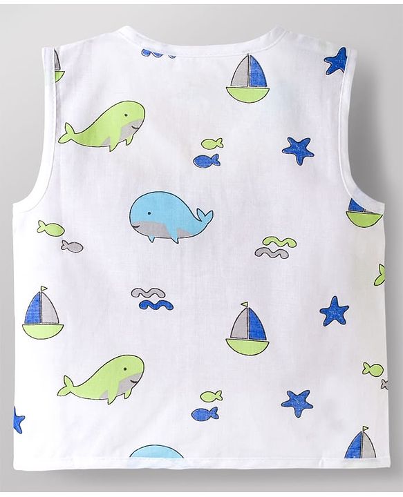 Babyhug 100% Cotton Knit Sleeveless Sea Life Theme Printed Front Open Jhablas Pack of 3 - Blue & White