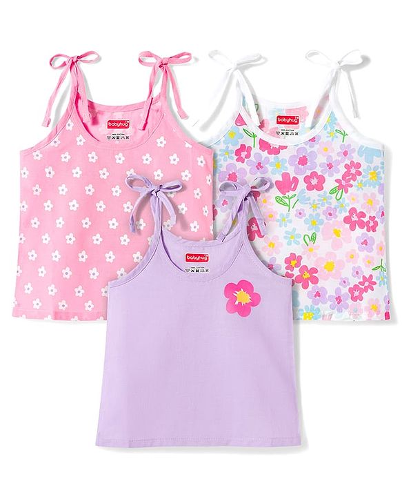 Babyhug 100% Cotton Woven Sleeveless Floral Printed Shoulder Tie Up Slips Pack Of 3 - Multicolour