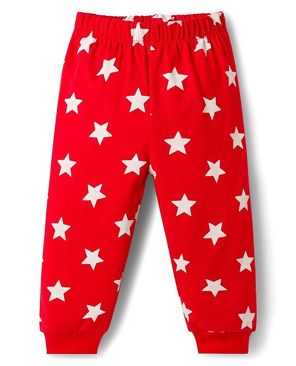 Babyhug 100% Cotton Knit Full Sleeves T-Shirt & Pajama Night Suits with Star Print & Stripes Pack of 2 - Navy Blue & Red