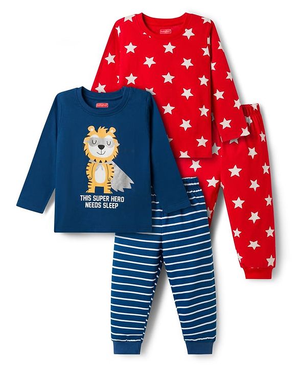 Babyhug 100% Cotton Knit Full Sleeves T-Shirt & Pajama Night Suits with Star Print & Stripes Pack of 2 - Navy Blue & Red