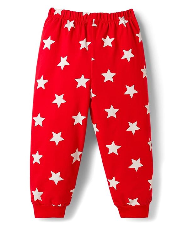 Babyhug 100% Cotton Knit Full Sleeves T-Shirt & Pajama Night Suits with Star Print & Stripes Pack of 2 - Navy Blue & Red