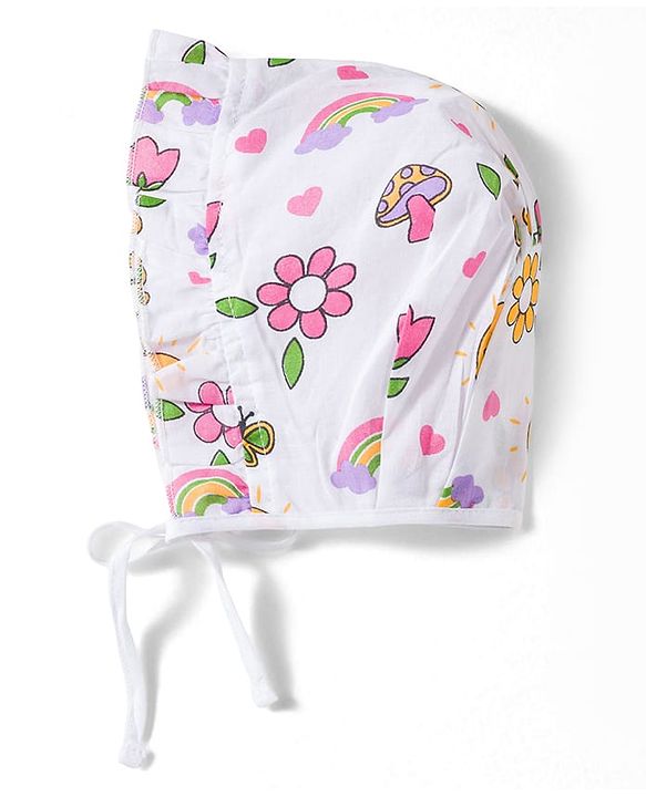 Babyhug 100% Cotton Knit Caps with Knot Solid, Heart & Rainbow Print Pack of 3 Multicolour - Diameter 11 cm