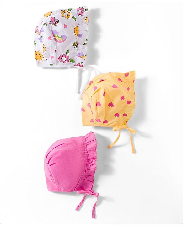 Babyhug 100% Cotton Knit Caps with Knot Solid, Heart & Rainbow Print Pack of 3 Multicolour - Diameter 11 cm