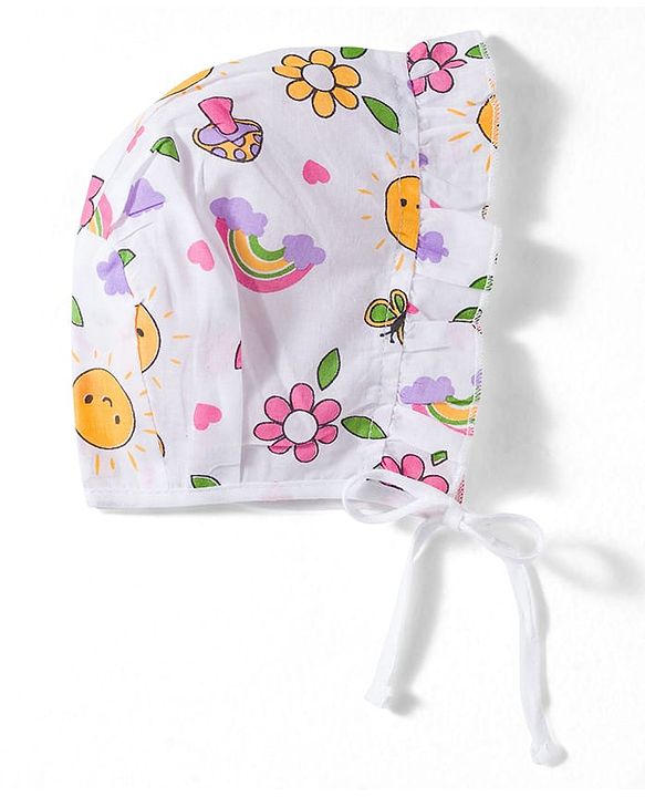 Babyhug 100% Cotton Knit Caps with Knot Solid, Heart & Rainbow Print Pack of 3 Multicolour - Diameter 11 cm