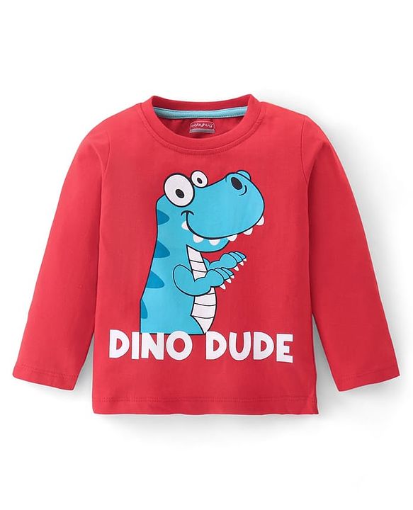 Babyhug Cotton Knit Full Sleeves T-Shirt & Pyjama Co-Ord Night Suit Set with Dino Print Pack of 2 - Red & Blue