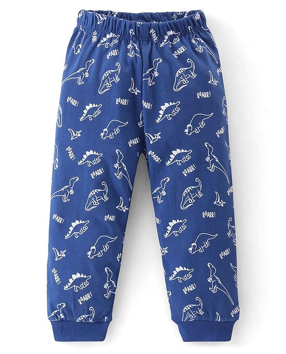Babyhug Cotton Knit Full Sleeves T-Shirt & Pyjama Co-Ord Night Suit Set with Dino Print Pack of 2 - Red & Blue