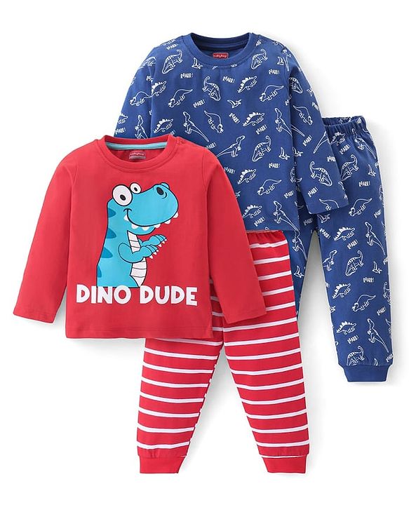 Babyhug Cotton Knit Full Sleeves T-Shirt & Pyjama Co-Ord Night Suit Set with Dino Print Pack of 2 - Red & Blue