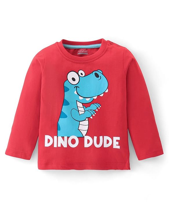 Babyhug Cotton Knit Full Sleeves T-Shirt & Pyjama Co-Ord Night Suit Set with Dino Print Pack of 2 - Red & Blue
