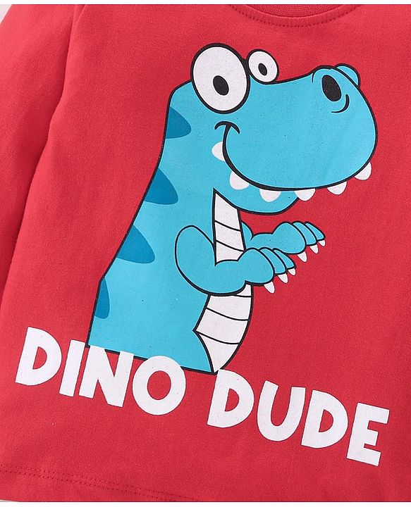 Babyhug Cotton Knit Full Sleeves T-Shirt & Pyjama Co-Ord Night Suit Set with Dino Print Pack of 2 - Red & Blue