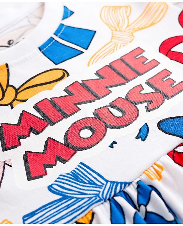 Babyhug Disney 100% Cotton Knit Half Sleeves Frock With Minnie Mouse Graphics - White