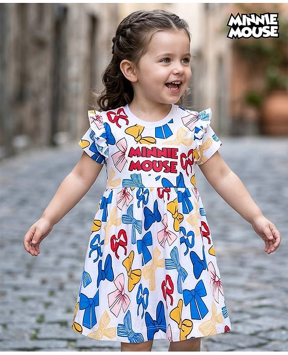 Babyhug Disney 100% Cotton Knit Half Sleeves Frock With Minnie Mouse Graphics - White