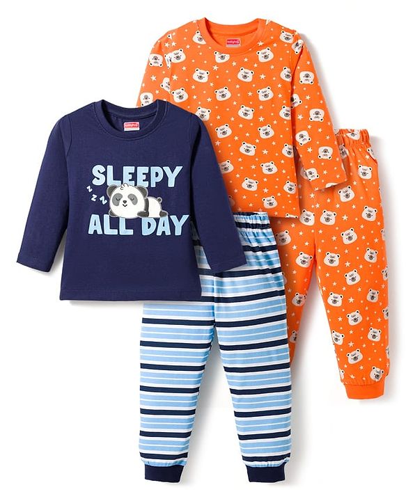 Babyhug 100% Cotton Knit Full Sleeves T-Shirt & Pajama Night Suits with Panda Print & Stripes Pack of 2 - Multicolor
