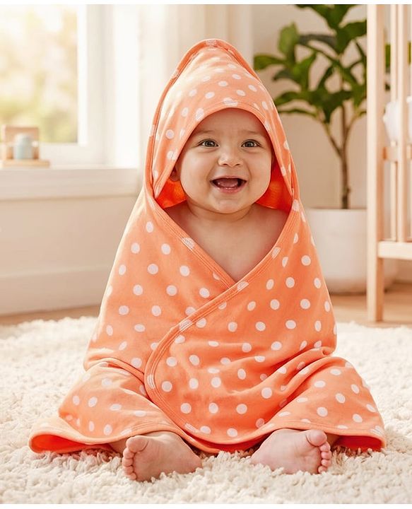 Babyhug Cotton Knit Hooded Wrapper With Polka Dot Print L 73 x B 72 cm - Orange
