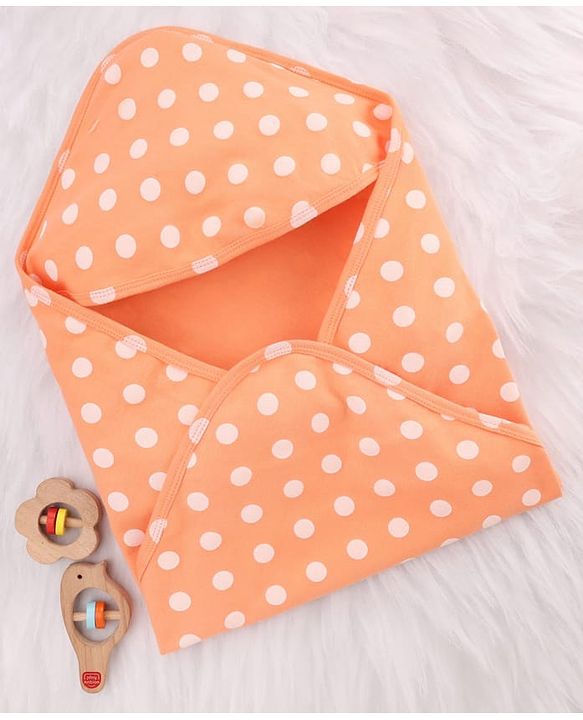 Babyhug Cotton Knit Hooded Wrapper With Polka Dot Print L 73 x B 72 cm - Orange