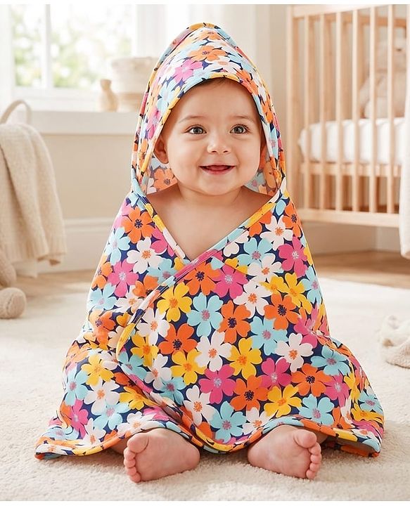 Babyhug Cotton Knit Hooded Wrapper With Floral Print L 73 x B 72 cm - Multicolour