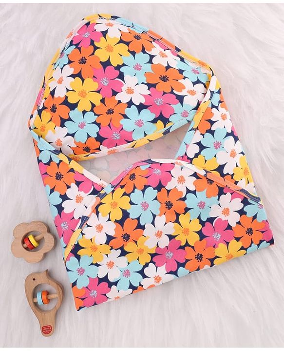 Babyhug Cotton Knit Hooded Wrapper With Floral Print L 73 x B 72 cm - Multicolour