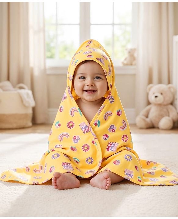 Babyhug Cotton Knit Hooded Wrapper With Polka Dot Print L 73 x B 72 cm - Yellow