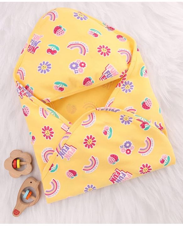 Babyhug Cotton Knit Hooded Wrapper With Polka Dot Print L 73 x B 72 cm - Yellow