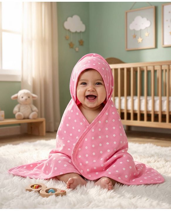 Babyhug Cotton Knit Hooded Wrapper With Polka Dot Print L 73 x B 72 cm - Pink