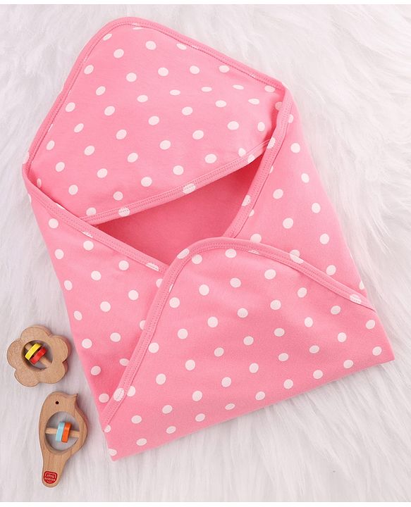 Babyhug Cotton Knit Hooded Wrapper With Polka Dot Print L 73 x B 72 cm - Pink