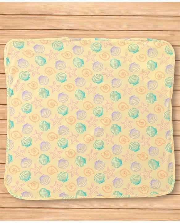 Babyhug Cotton Knit Hooded Wrapper With Sea Life Theme Print L 73 x B 72 cm - Yellow