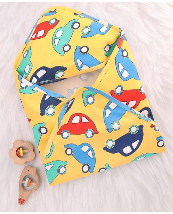 Babyhug Cotton Knit Hooded Wrapper With Vehicle Print L 73 x B 72 cm - Yellow