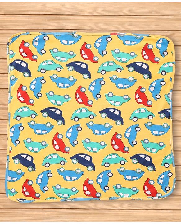 Babyhug Cotton Knit Hooded Wrapper With Vehicle Print L 73 x B 72 cm - Yellow