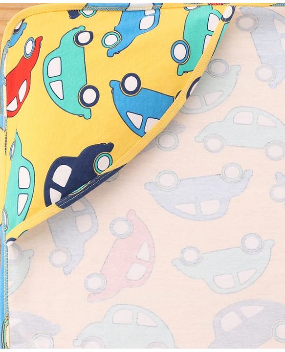 Babyhug Cotton Knit Hooded Wrapper With Vehicle Print L 73 x B 72 cm - Yellow