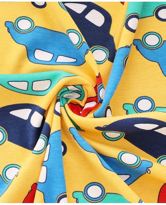 Babyhug Cotton Knit Hooded Wrapper With Vehicle Print L 73 x B 72 cm - Yellow