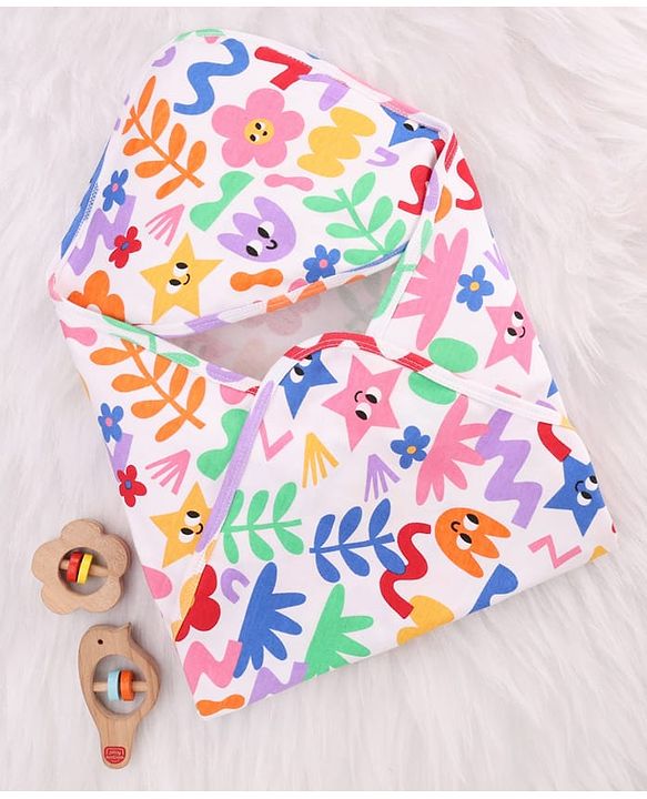 Babyhug Cotton Knit Hooded Wrapper With Polka Dot Print L 73 x B 72 cm - White